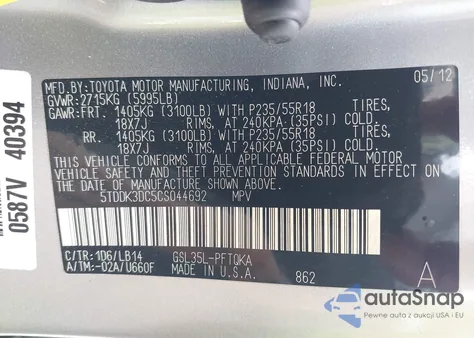 2012 Toyota Sienna Xle 7 Passenger из США, поврежденный, VIN 5TDDK3DC5CS044692